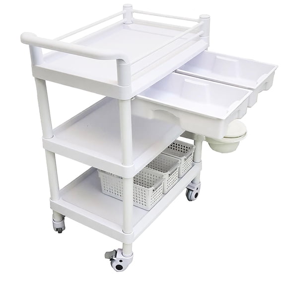Salon Cart 220lbs Heavy-Duty ABS 3-Shelf Storage, Quiet 360 Wheels Rolling Makeup Cart for Hospitals Beauty Salons Clinics Pet Stores, Beauty Cart with 2 Sliding Drawers 2 Rotating Waste Buckets