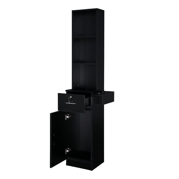 Salon Hair Styling Station, Barber Salon Equipment with a 3-Tier Storage Shelf, 1 Drawer, a Large Storage Cabinet and 3 Hair Dryer Holders, Black