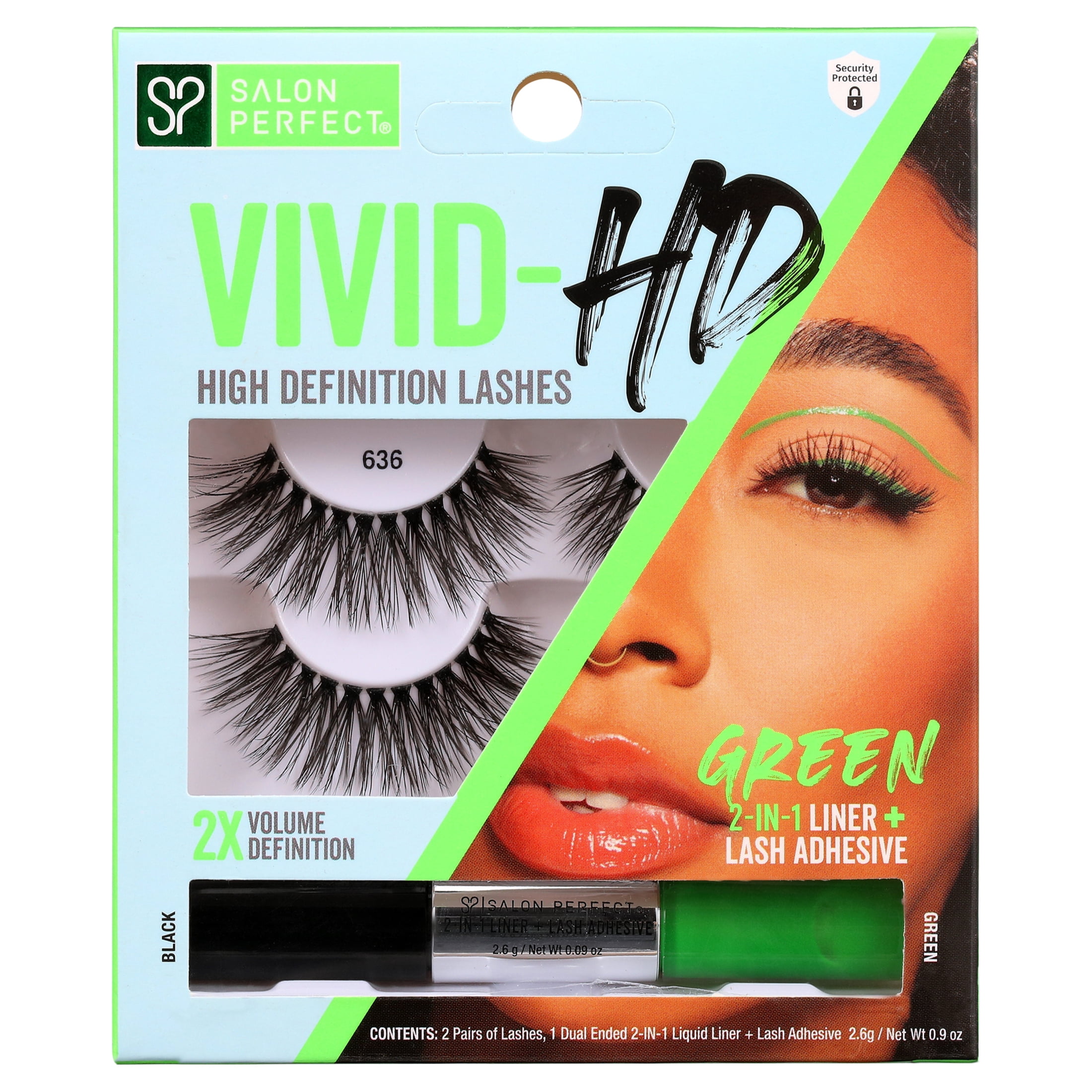 Salon Pefect Vivid-HD 636 Lash(2 Pairs) & Dual Ended 2-IN-1 Liquid Liner + Lash Adhesive, Black/Green, 0.9oz