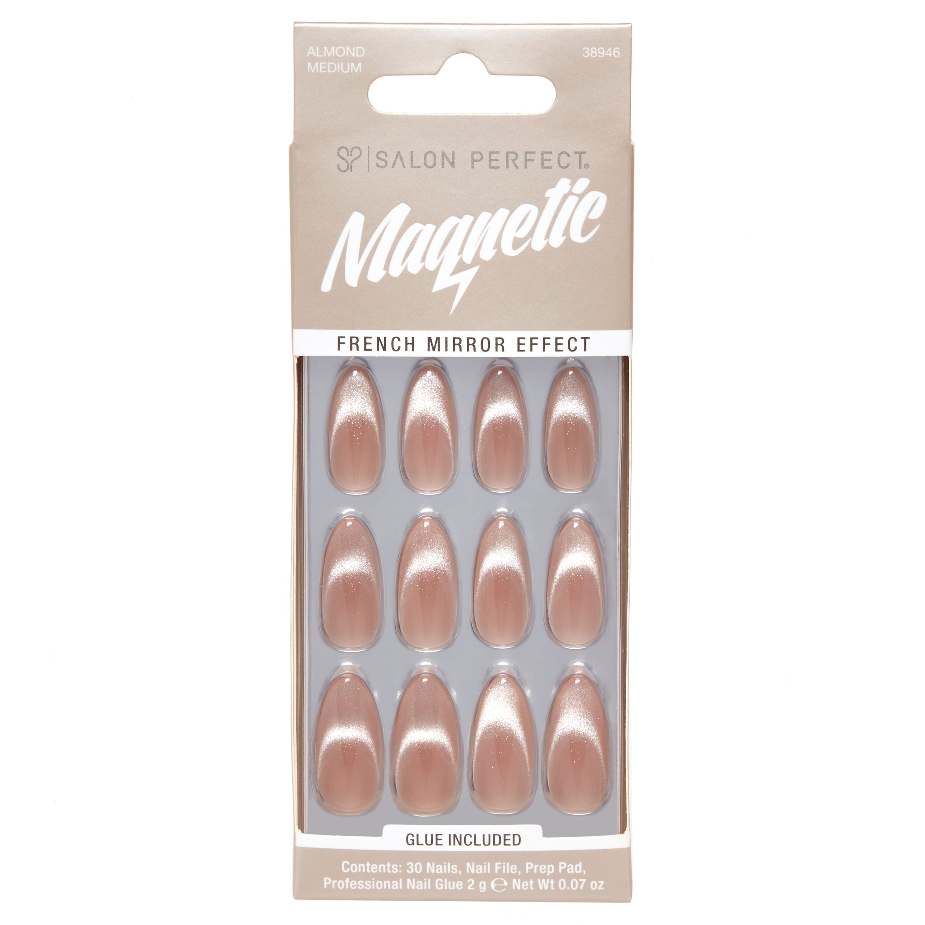 Salon Perfect Artificial Fake Press On Nails, 121 Magnetic Silver, Medium Almond, File, Glue, and Prep Pad Included, 30 Nails