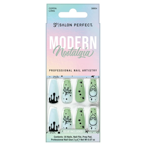 Salon Perfect Artificial Fake Press On Nails, 215 Modern Nostalgia, Blue Green UFO, Long Coffin, File, Glue, and Prep Pad Included, 30 Nails