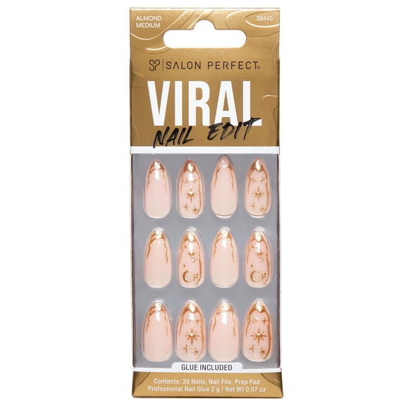 Salon Perfect Artificial Fake Press On Nails, 308 Viral Nail Edit, Gold Cosmic, Medium Almond, File, Glue, and Prep Pad Included, 30 Nails