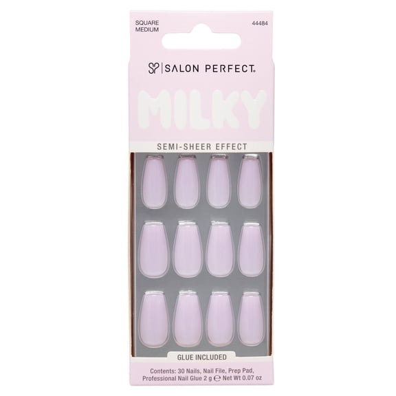 Salon Perfect Artificial Fake Press On Nails, 449 Milky Lavender, Medium Square, File, Glue and Prep Pad Included, 30 Nails