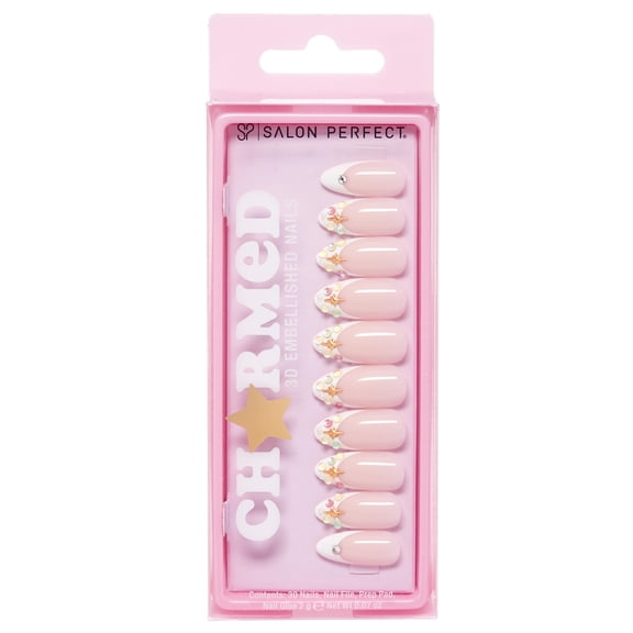 Salon Perfect Artificial Fake Press On Nails, 478 Charmed French, Medium Almond, File, Glue and Prep Pad Included, 30 Nails