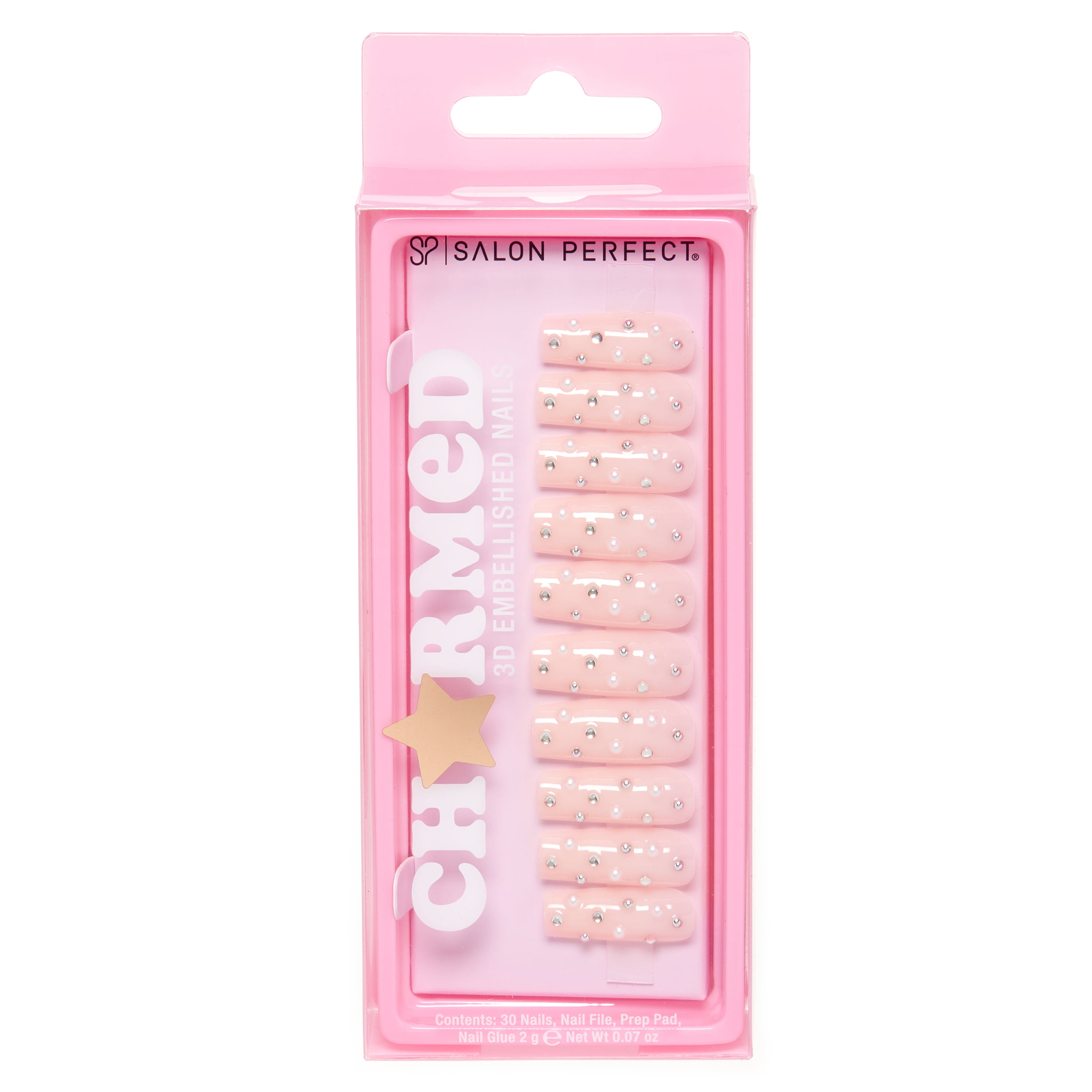 Salon Perfect Artificial Fake Press On Nails, 504 Charmed Nude, Long Square, File, Glue and Prep Pad Included, 30 Nails