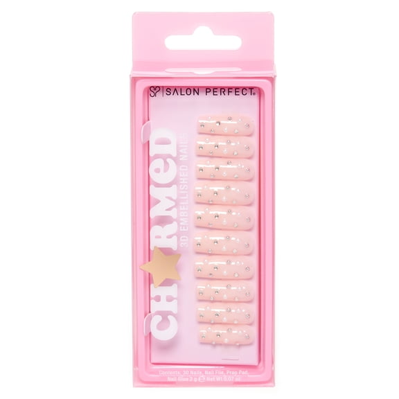 Salon Perfect Artificial Fake Press On Nails, 504 Charmed Nude, Long Square, File, Glue and Prep Pad Included, 30 Nails