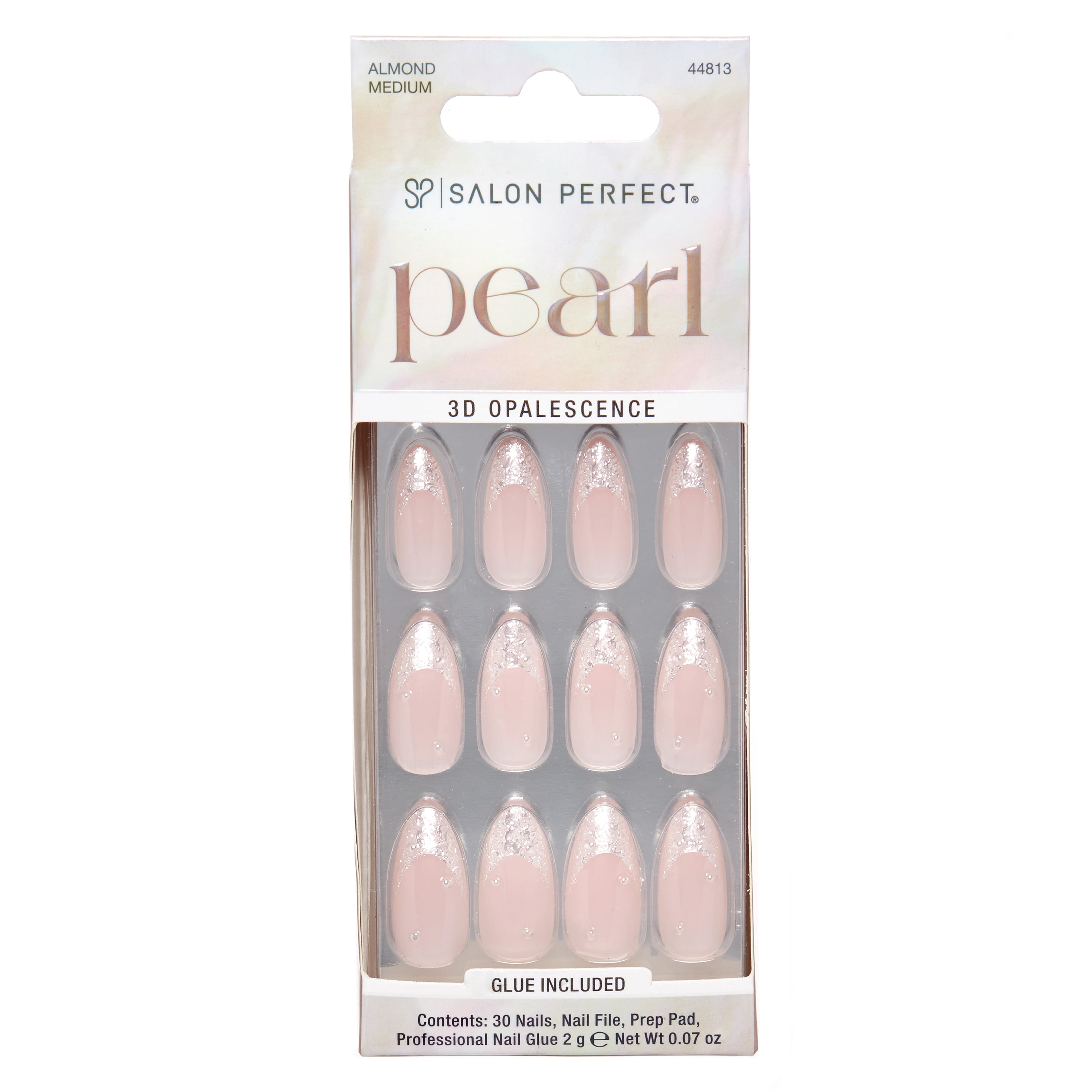 Salon Perfect Artificial Fake Press On Nails, 506 Pearl French, Medium Almond, File, Glue, and Prep Pad Included, 30 Nails
