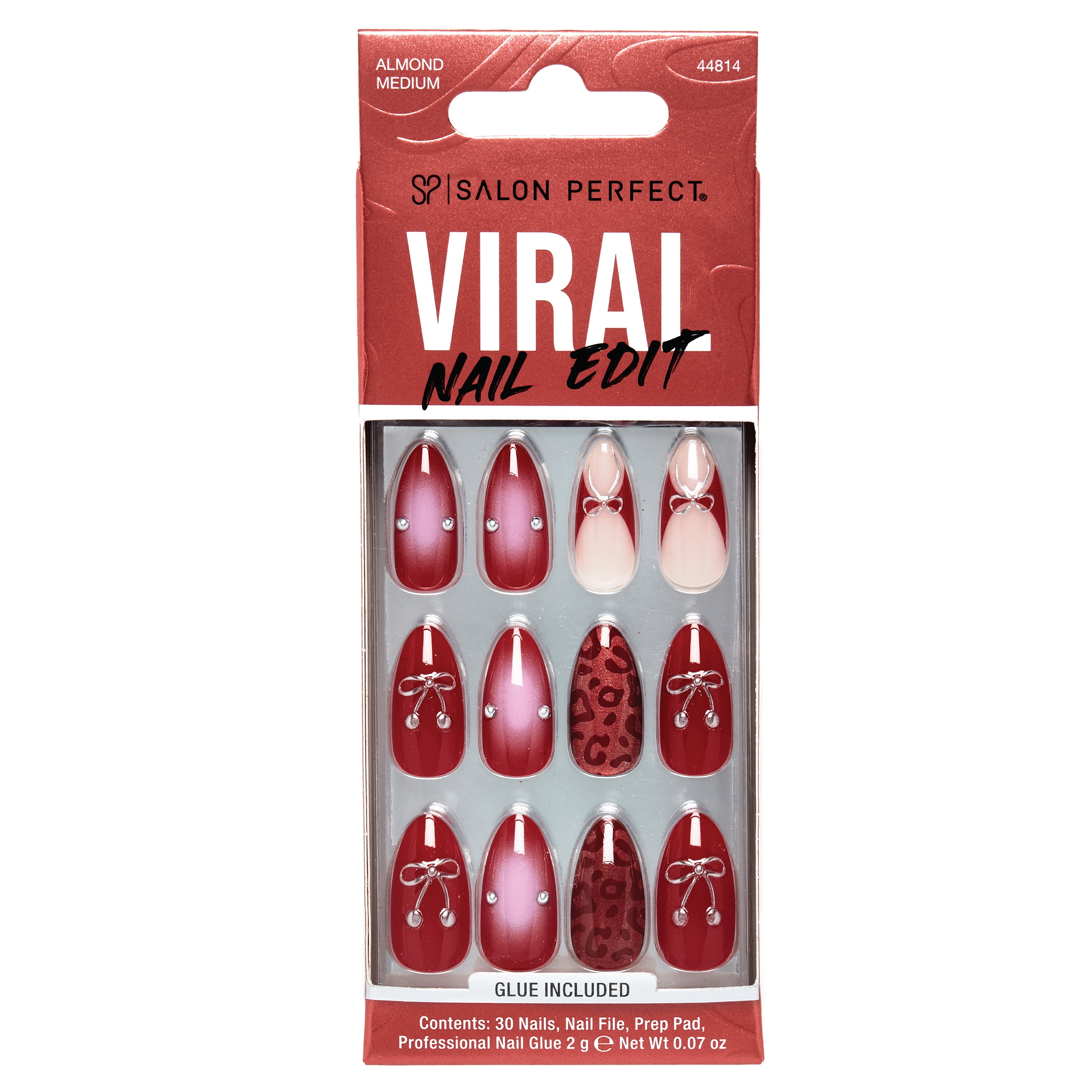 Salon Perfect Artificial Fake Press On Nails, 507 Viral Nail Edit, Burgundy Cherry, Medium Almond, File, Glue, and Prep Pad Included, 30 Nails