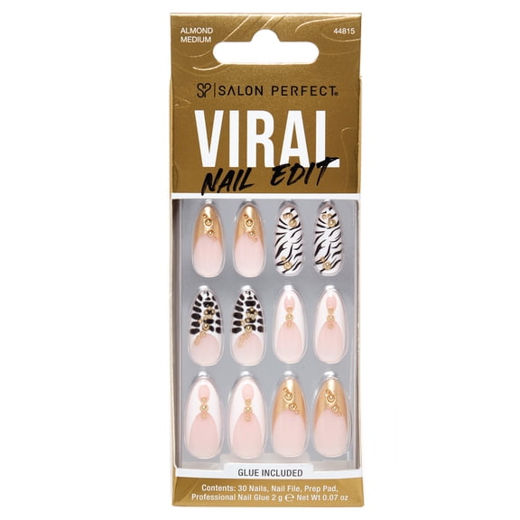 Salon Perfect Artificial Fake Press On Nails, 508 Viral Nail Edit, Animal Studded, Medium Almond, File, Glue, and Prep Pad Included