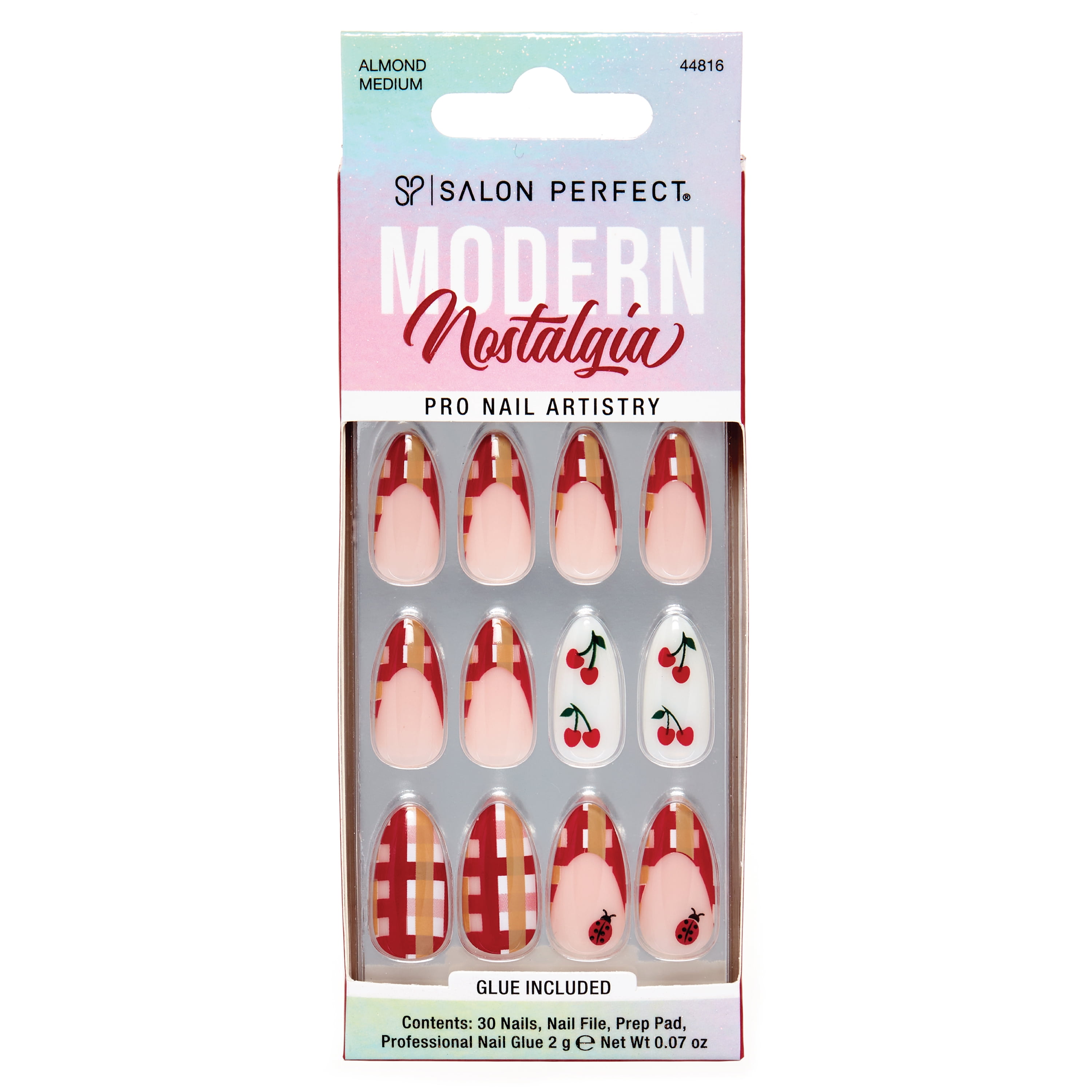 Salon Perfect Artificial Fake Press On Nails, 509 Modern Nostalgia, Gingham, Medium Almond, File, Glue and Prep Pad Included, 30 Nails
