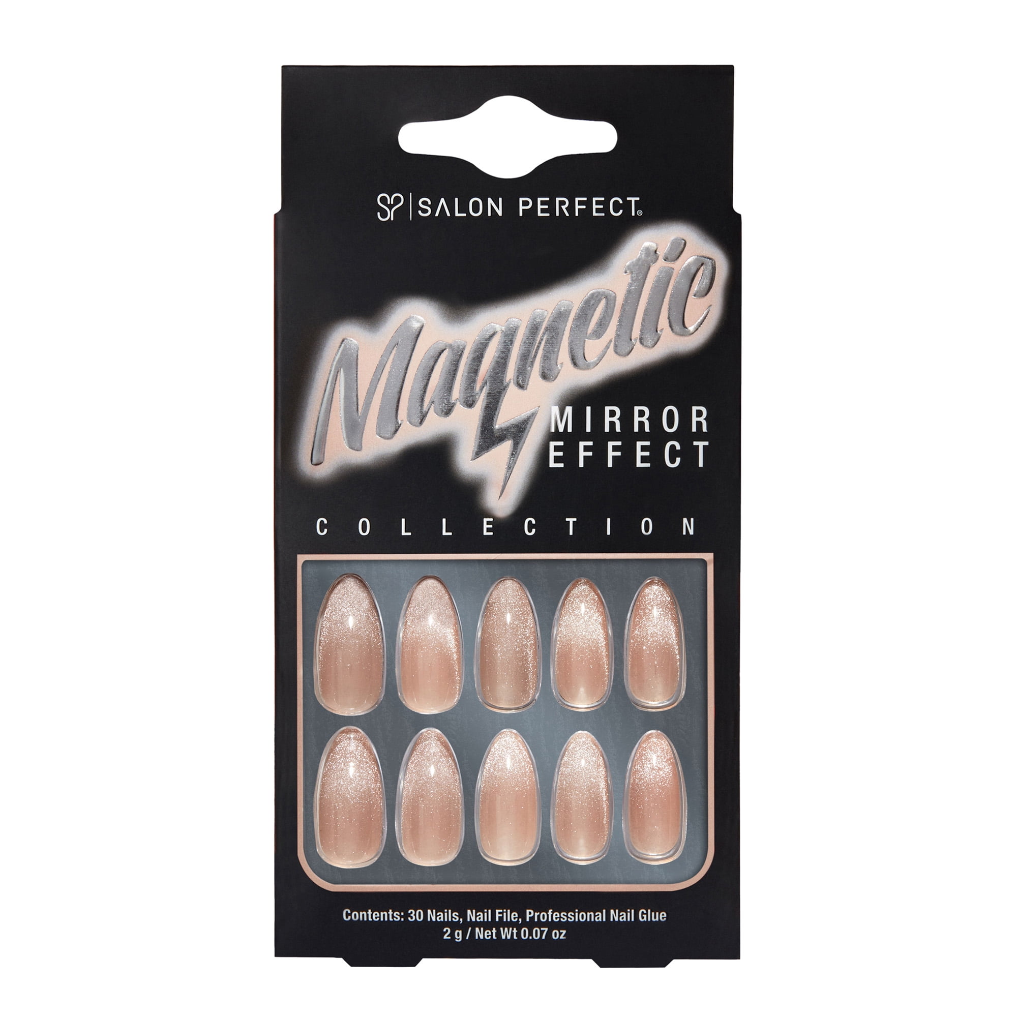 Salon Perfect Artificial Fake Press-ons, 121 Magnetic Silver, Medium Almond, File and Glue Included, 30 Nails