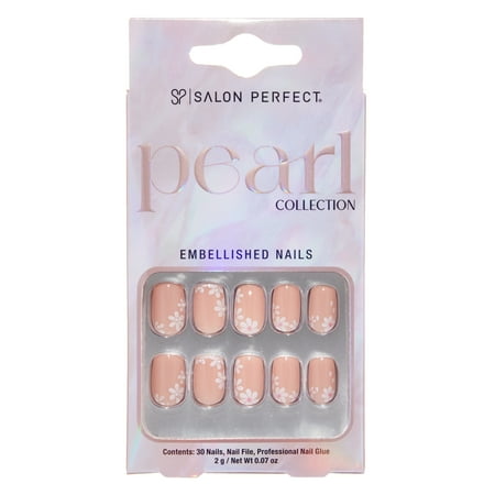 Salon Perfect Artificial Fake Press-ons, 168 Pearl Floral, Short Square, File and Glue Included, 30 Nails