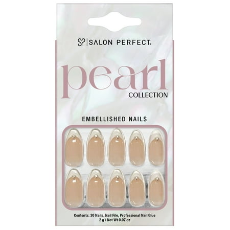 Salon Perfect Artificial Fake Press-ons, 170 Pearl White French Tip, Medium Almond, File and Glue Included, 30 Nails