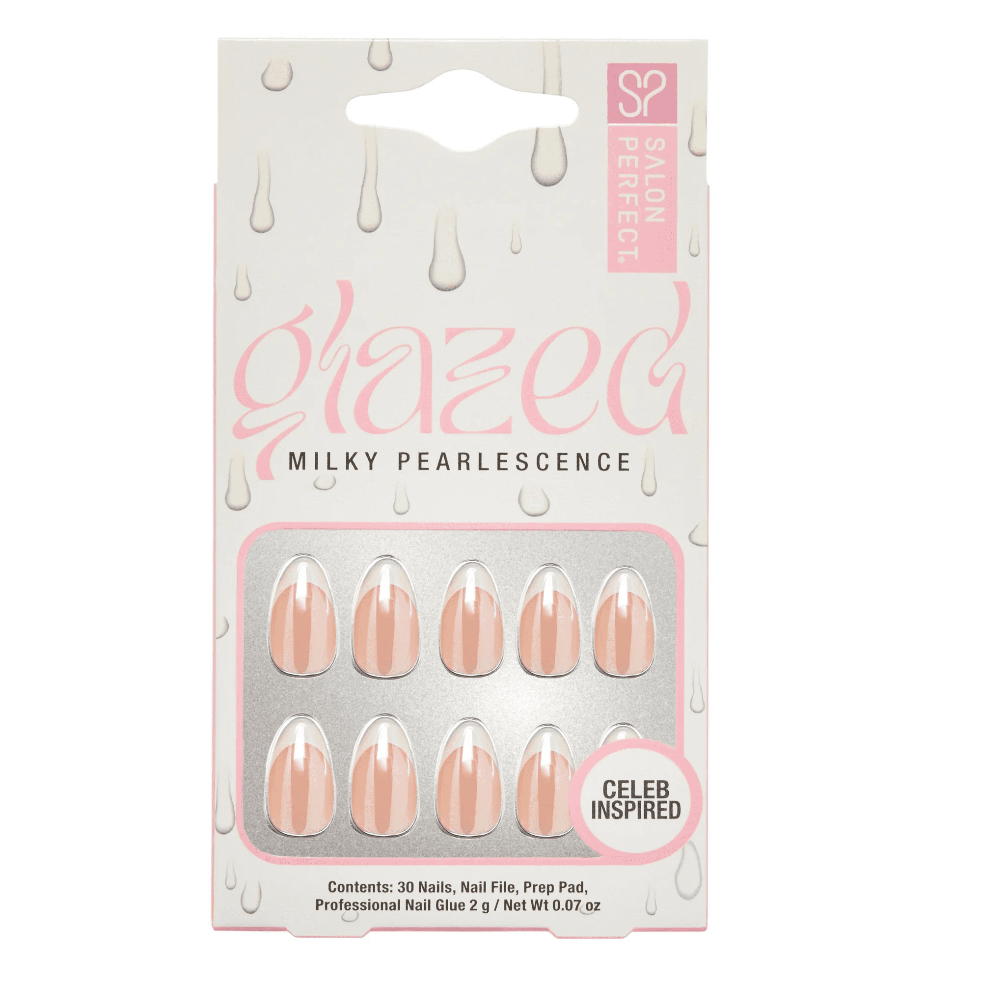 Salon Perfect Artificial Fake Press-Ons, 250 Glazed French Tip, Short Almond, File and Glue Included, 30 Nails