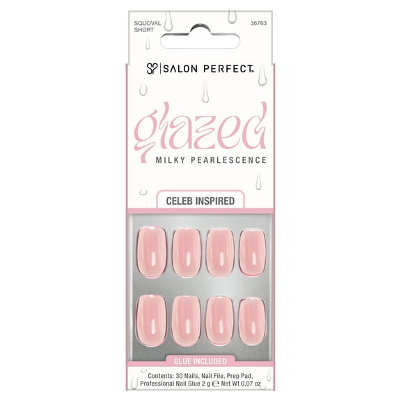 Salon Perfect Artificial Fake Press On Nails, 255 Glazed, Peach, Short Squoval, File, Glue, and Prep Pad Included, 30 Nails