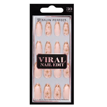 Salon Perfect Artificial Fake Press-ons, 308 Viral Nail Edit, Gold Cosmic, Medium Almond, File and Glue Included, 30 Nails