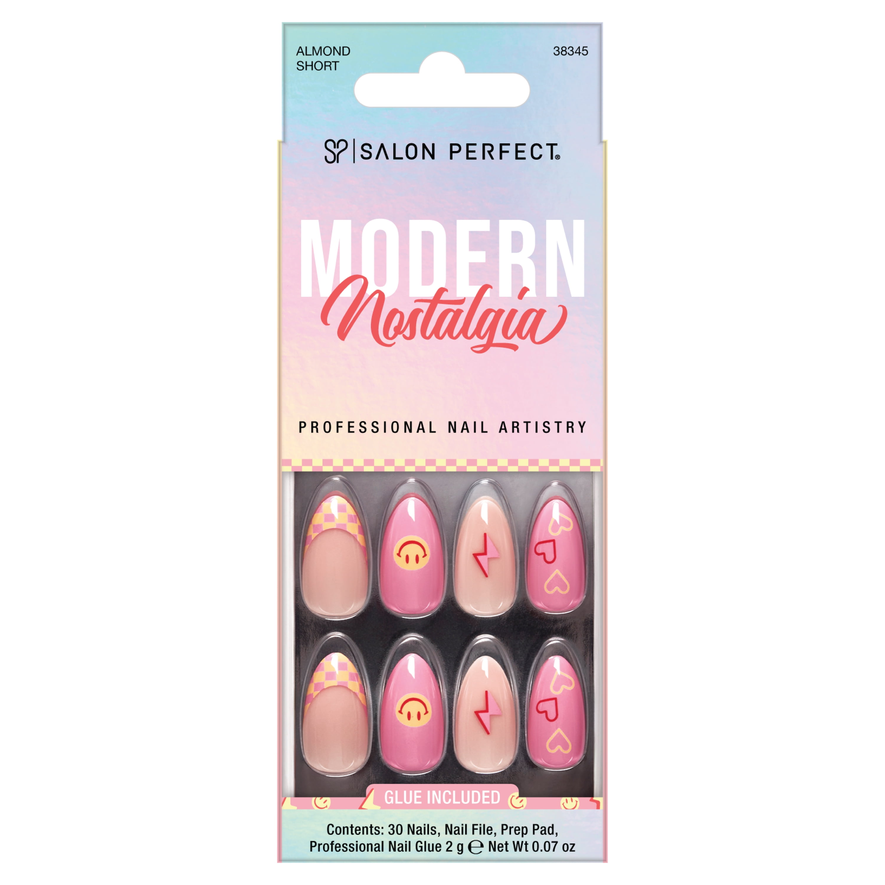 Salon Perfect Artificial Fake Press-ons, 337 Modern Nostalgia, Smiley Checkered, Short Almond, File and Glue Included, 30 Nails