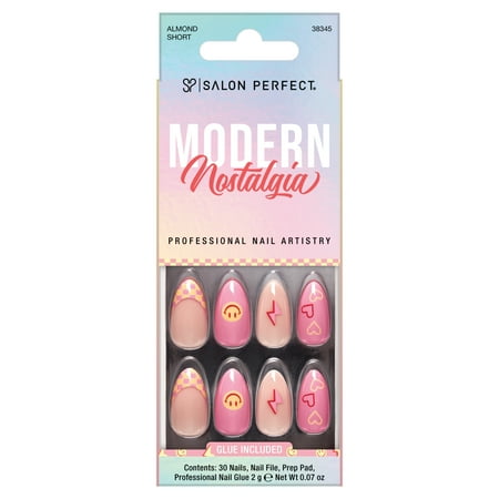 Salon Perfect Artificial Fake Press On Nails, 337 Modern Nostalgia, Smiley Checkered, Short Almond, File, Glue, and Prep Pad Inlcuded, 30 Nails