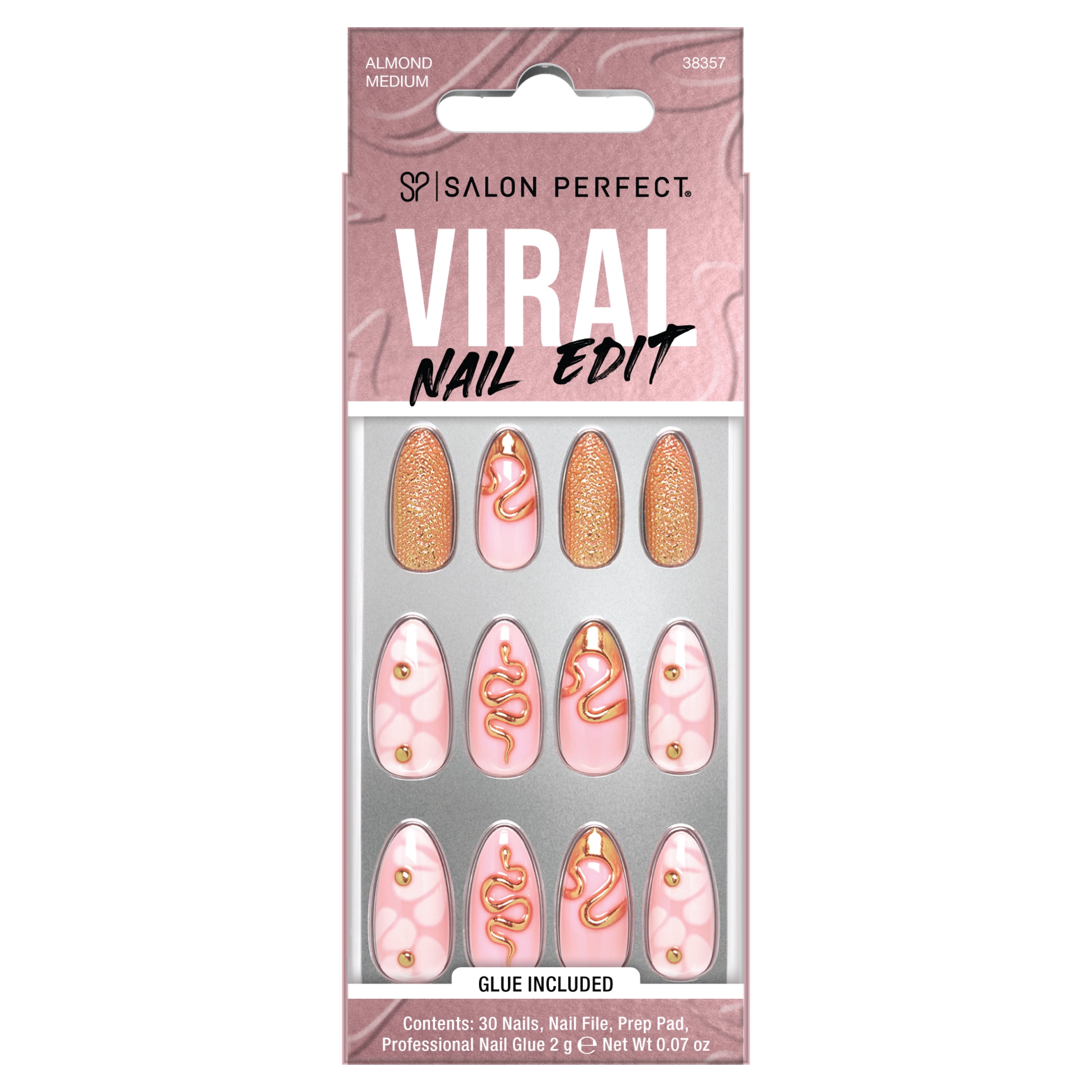Salon Perfect Artificial Fake Press-ons, 349 Viral Nail Edit, Snake, Medium Almond, File and Glue Included, 30 Nails