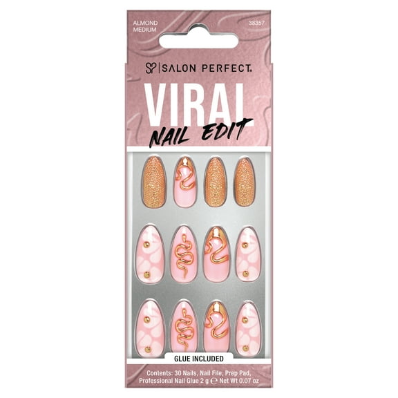 Salon Perfect Artificial Fake Press On Nails, 349 Viral Nail Edit, Snake, Medium Almond, File, Glue, and Prep Pad Included, 30 Nails