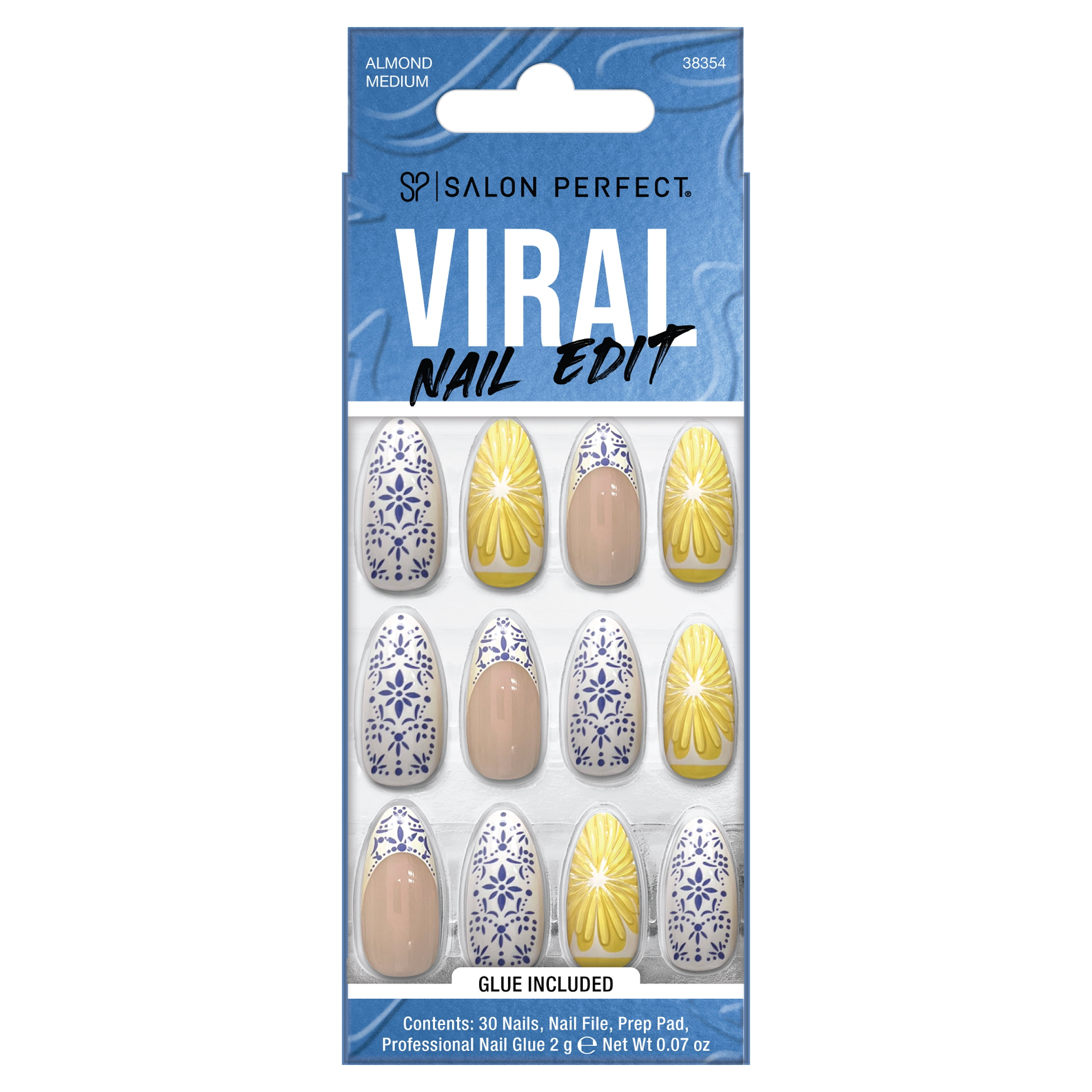 Salon Perfect Artificial Fake Press-On Nails, 346 Viral Nail Edit, Lemon, Medium Almond, File and Glue Included, 30 Nails