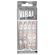 Salon Perfect Artificial Fake Press On Nails, 355 Viral Nail Edit, Silver Chrome Swirl, Medium Almond, File, Glue, and Prep Pad Included, 30 Nails