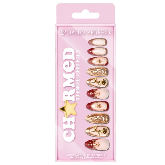 Salon Perfect Artificial Fake Press On Nails, 417 Charmed, Gold Rose, Medium Almond, File, Glue, and Prep Pad Included, 30 Nails
