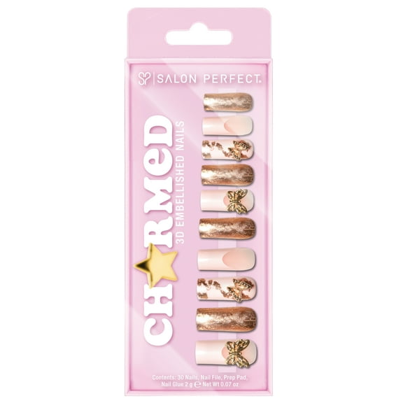 Salon Perfect Artificial Fake Press On Nails, 418 Charmed, Gold Butterfly, Long Square, File, Glue, and Prep Pad Included, 30 Nails