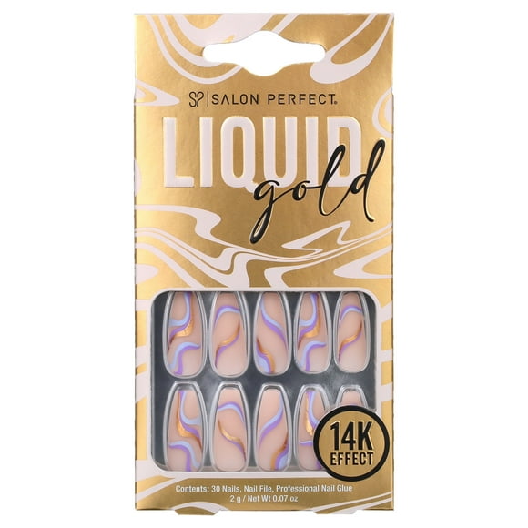 Salon Perfect Artificial Nails, 128 Liquid Gold Purple Swirl, File & Glue Included, 30 Nails