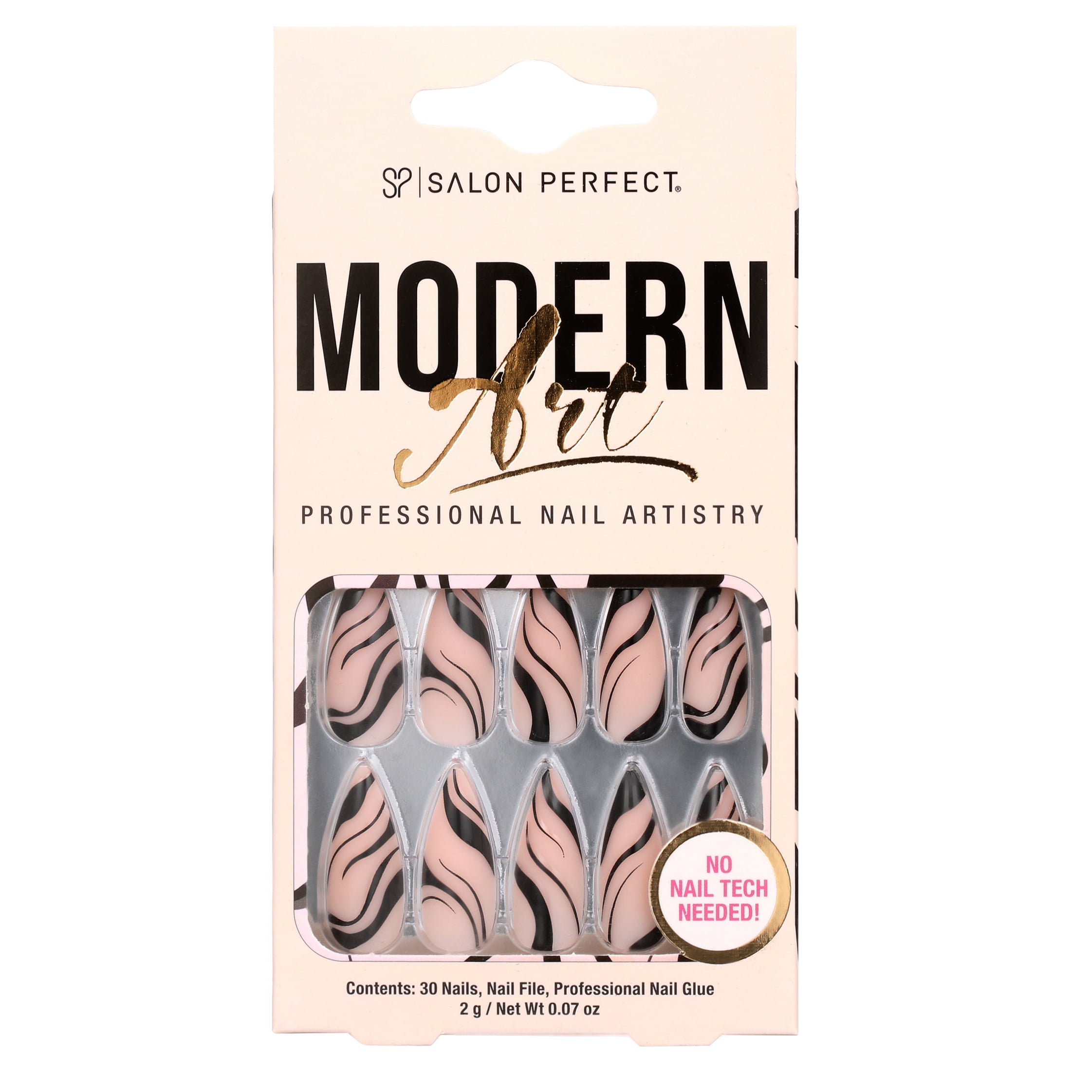 Salon Perfect Artificial Nails, 143 Modern Art Black Swirl, File & Glue Included, 30 Nails