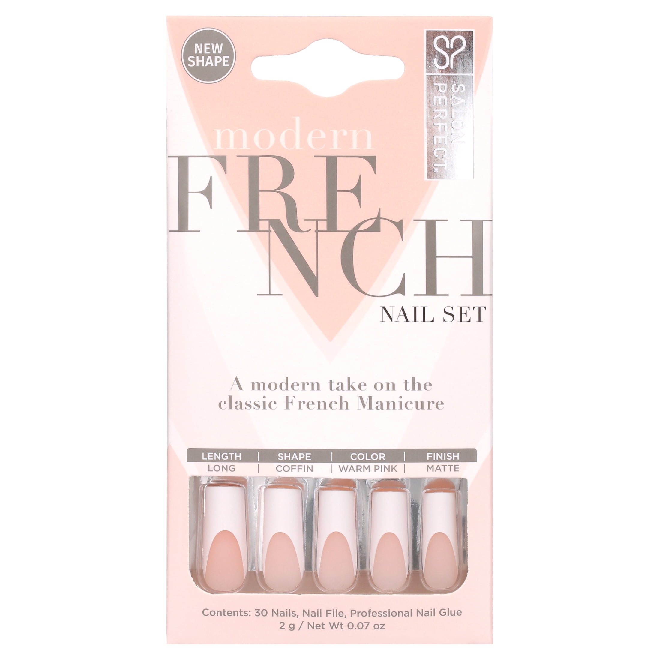 Salon Perfect Artificial Fake Press-ons, 156 Modern French Thick White Tip, Long Square Coffin, File and Glue Included, 30 Nails
