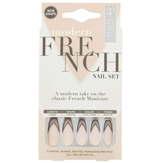 Salon Perfect Artificial Nails, Modern French Black French Tip, 24 Nails