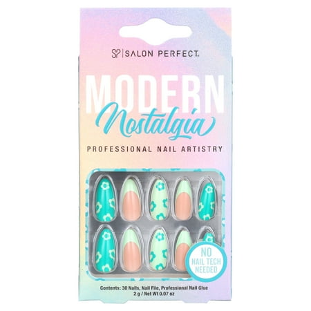Salon Perfect Artificial Press On Nails, 120 Modern Nostalgia Mint Daisy, Medium Almond Glue On Fake Nails, File & Glue Included, 30 Nails