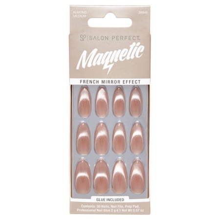 Salon Perfect Artificial Fake Press On Nails, 121 Magnetic Silver, Medium Almond, File, Glue, and Prep Pad Included, 30 Nails