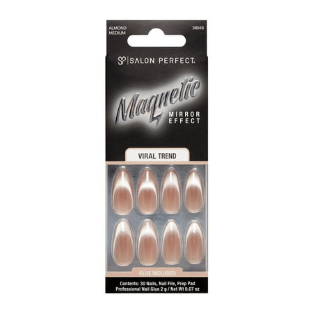 Salon Perfect Artificial Fake Press On Nails, 121 Magnetic Silver, Medium Almond, File, Glue, and Prep Pad Included, 30 Nails