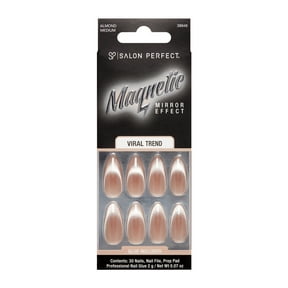 Salon Perfect Artificial Fake Press On Nails, 121 Magnetic Silver, Medium Almond, File, Glue, and Prep Pad Included, 30 Nails