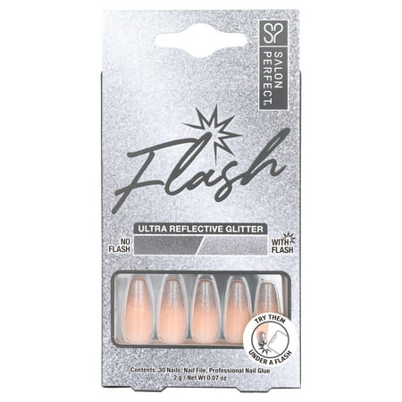 Salon Perfect Artificial Press On Nails, 132 Flash Silver Ombre, Long Coffin Glue On Fake Nails, File & Glue Included, 30 Nails