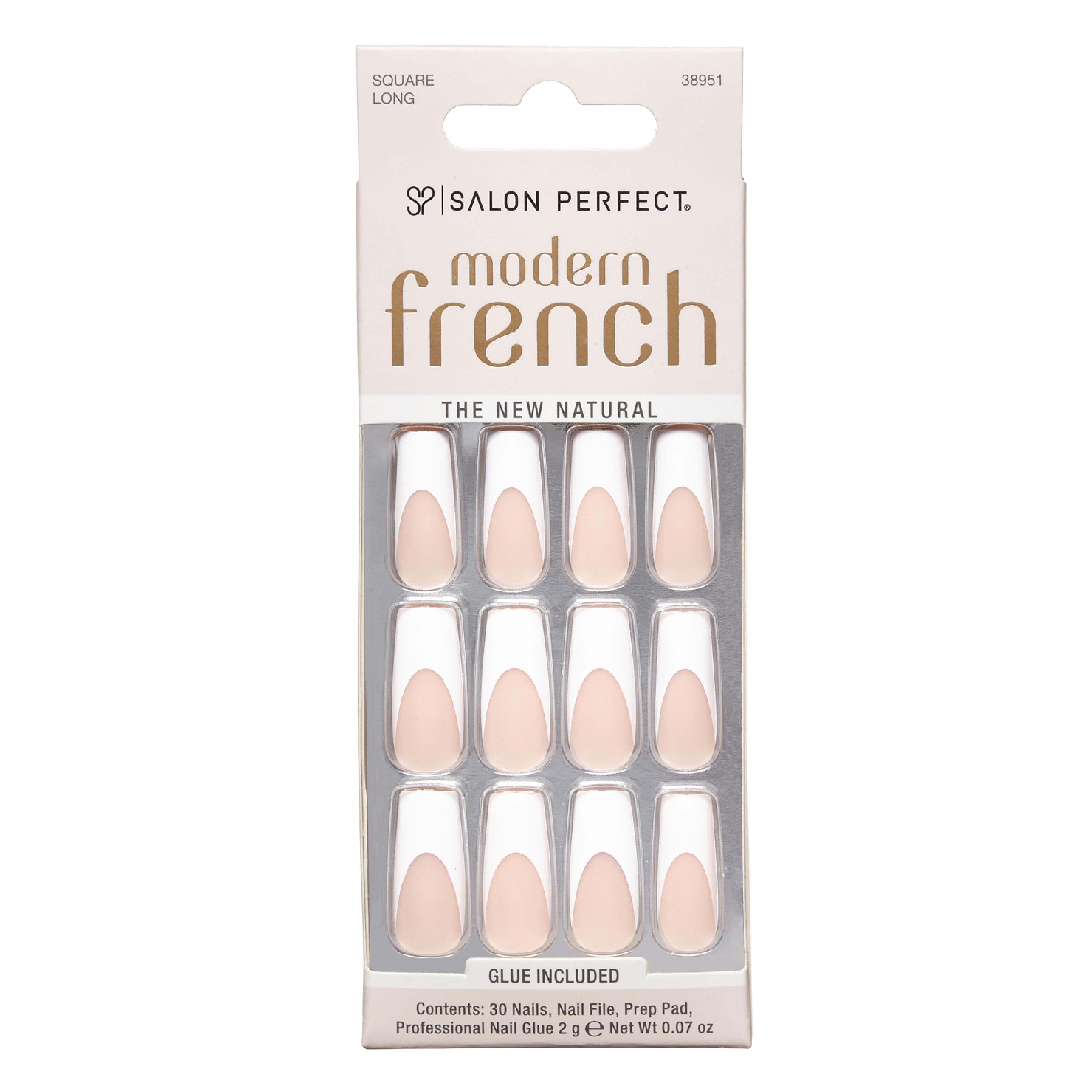 Salon Perfect Artificial Fake Press On Nails, 156 Modern French, Long Square, File, Glue, and Prep Pad, 30 Nails