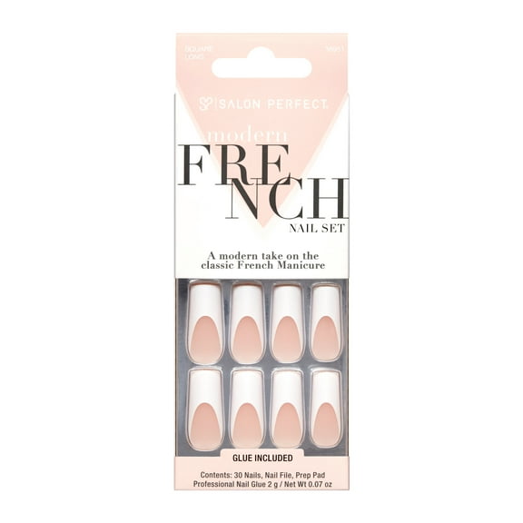 Salon Perfect Artificial Fake Press On Nails, 156 Modern French, Long Square, File, Glue, and Prep Pad, 30 Nails