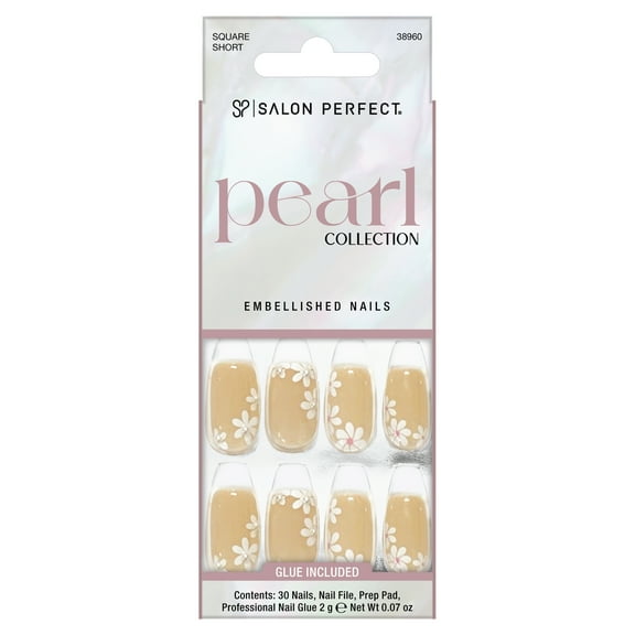 Salon Perfect Artificial Fake Press On Nails, 168 Pearl, Flower, Short Square, File, Glue, and Prep Pad Included, 30 Nails