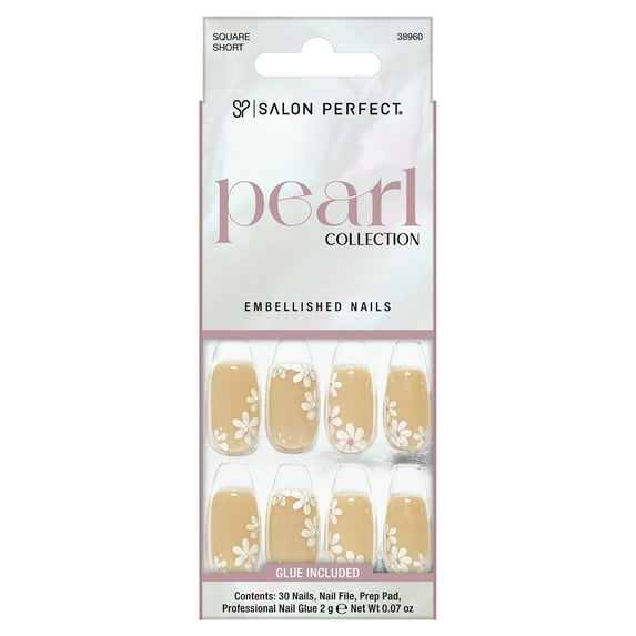 Salon Perfect Artificial Fake Press On Nails, 168 Pearl, Flower, Short Square, File, Glue, and Prep Pad Included, 30 Nails