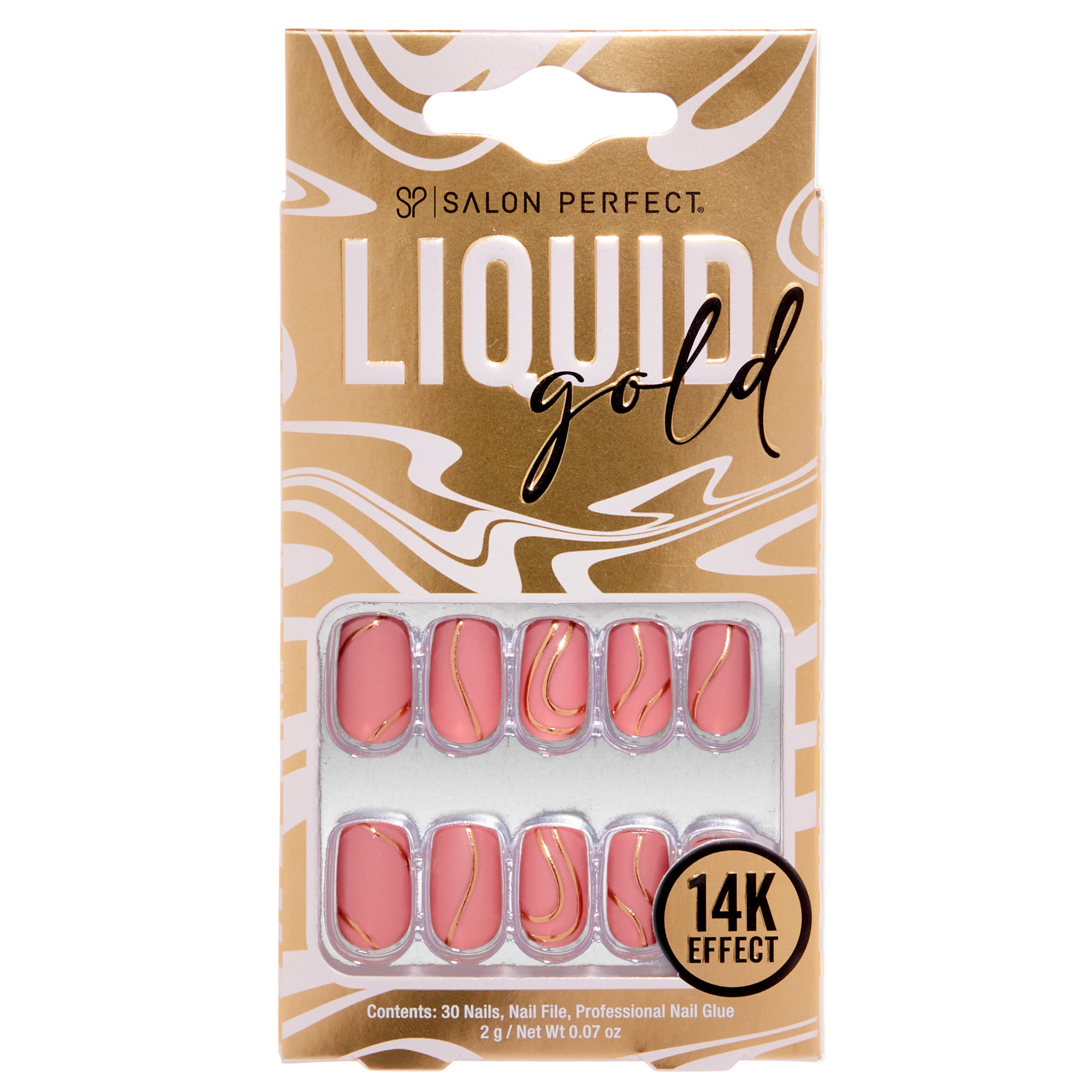 Salon Perfect Artificial Press On Nails, 173 Liquid Gold Rose Gold Lines, Short Square Pink Glue On Fake Nails, File & Nail Glue Included, 30 Nails