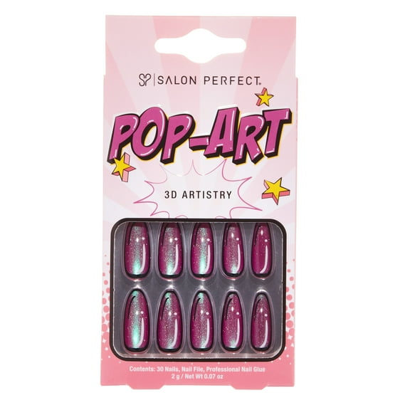 Salon Perfect Artificial Press on Nails, 177 Pop-Art, Purple Magnetic, Long Almond Glue On Fake Nails, File & Nail Glue Included, 30 Nails