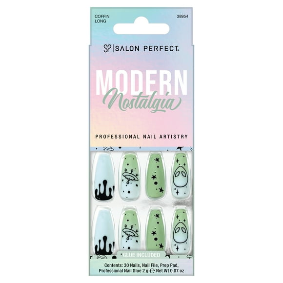 Salon Perfect Artificial Fake Press On Nails, 215 Modern Nostalgia, Blue Green UFO, Long Coffin, File, Glue, and Prep Pad Included, 30 Nails