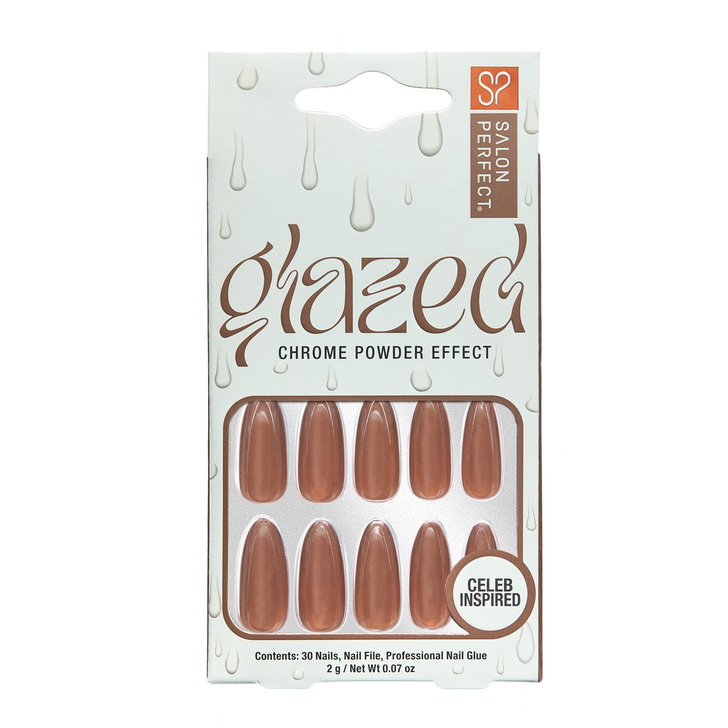 Salon Perfect Artificial Press on Nails, 225 Glazed Chocolate Chrome Powder Effect, Long Almond Glue On Fake Nails, File & Glue Included, 30 Pieces