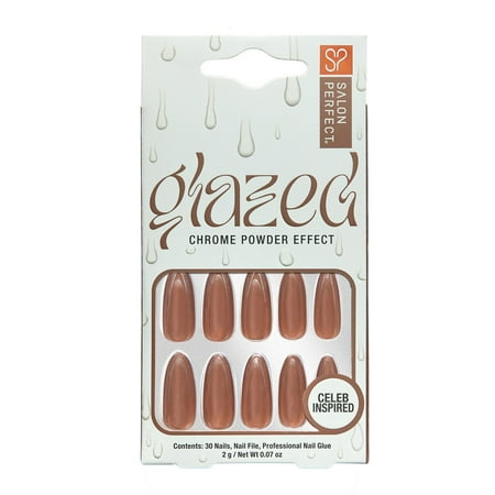 Salon Perfect Artificial Press On Nails, 225 Glazed Chocolate Chrome Powder Effect, Long Almond Glue On Fake Nails, File & Glue Included, 30 Pieces