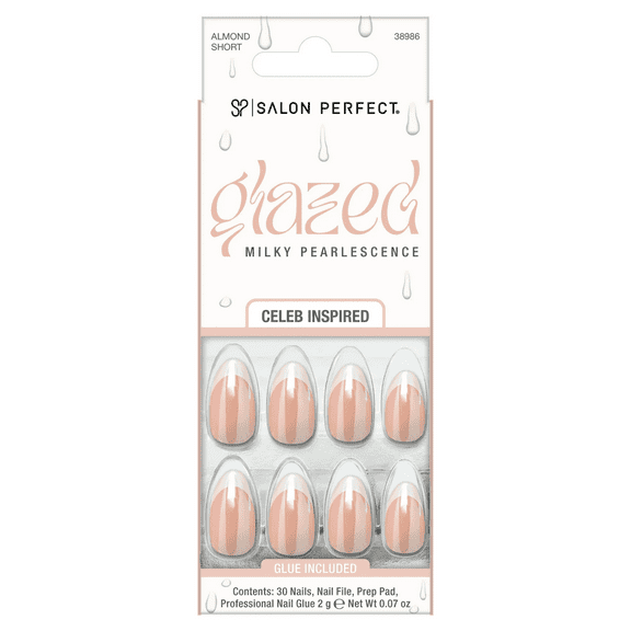 Salon Perfect Artificial Fake Press On Nails, 250 Glazed French, Short Almond, File, Glue, and Prep Pad Included, 30 Nails