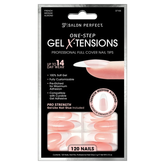 Salon Perfect Artificial Fake Press On Nail Tips, 304 Gel X-Tension, French, Medium Almond, File, and Glue Included, 120 Nails