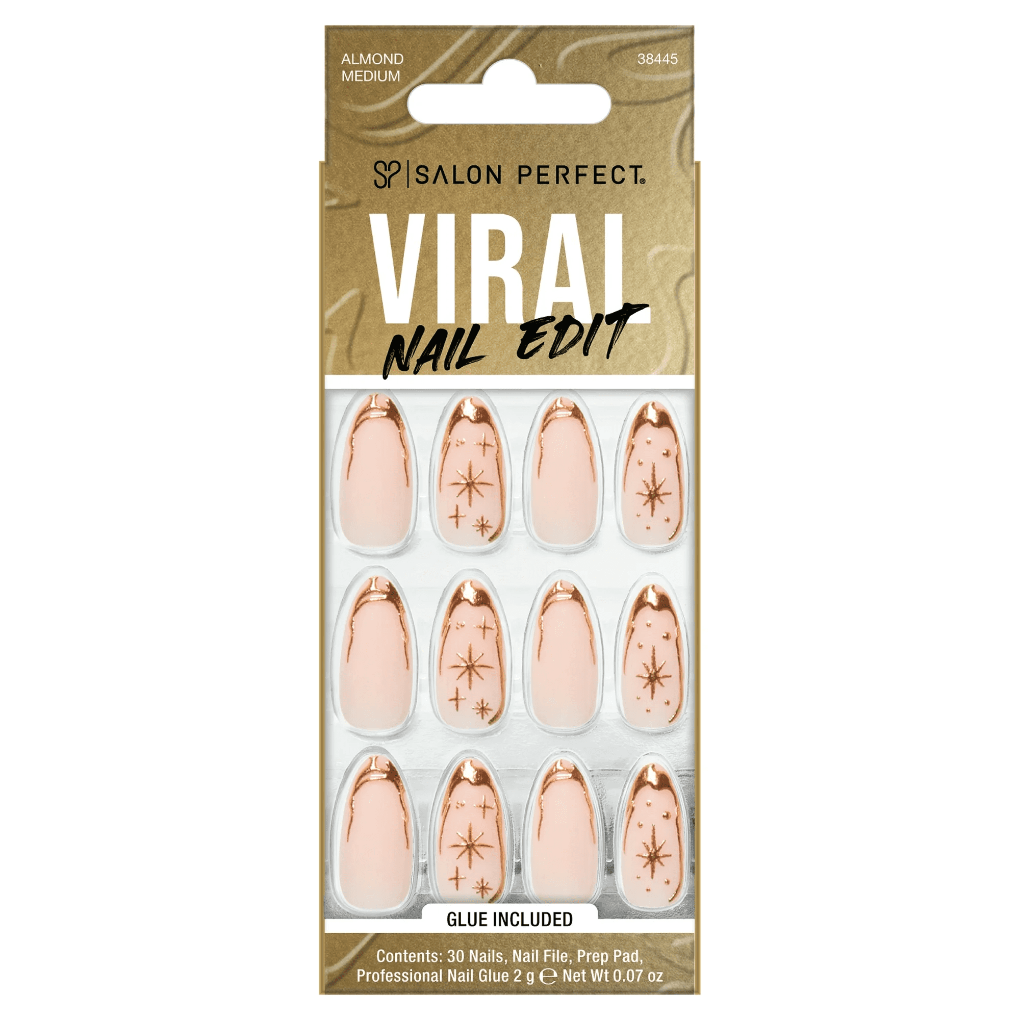 Salon Perfect Artificial Fake Press On Nails, 308 Viral Nail Edit, Gold Cosmic, Medium Almond, File, Glue, and Prep Pad Included, 30 Nails