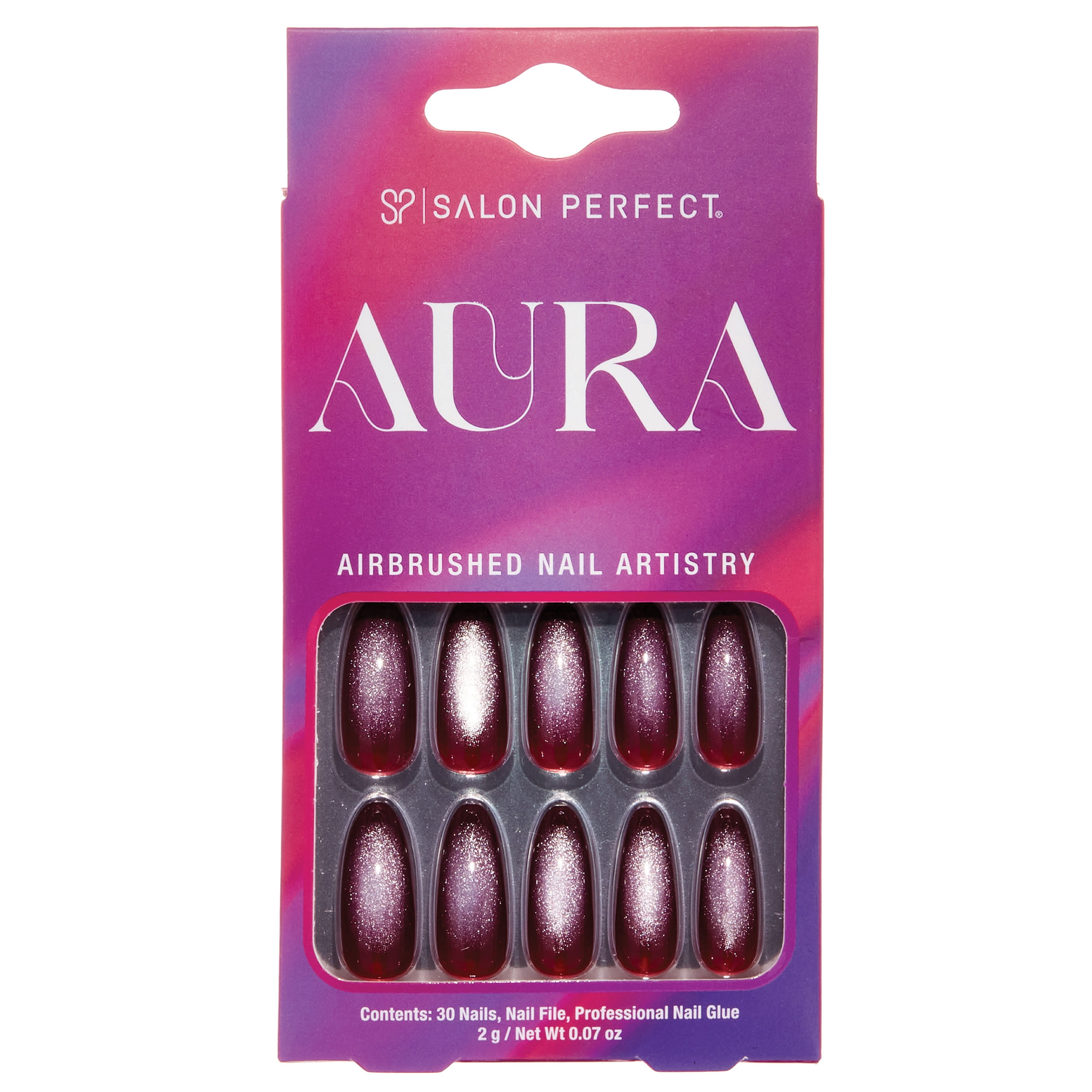 Salon Perfect Artificial Press on Nails, 196 Aura Deep Purple Magnetic, Long Almond Glue on Fake Nails, File & Nail Glue Included, 30 Nails